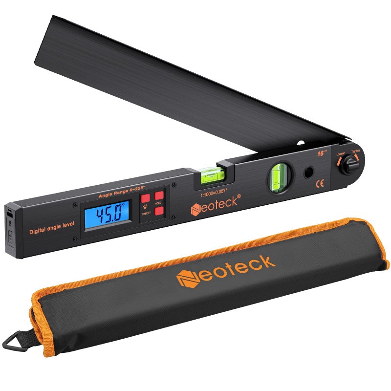 Neoteck Aluminum Digital Angle Finder Protractor 225Â° 16 inch Backlit LCD Digital with Horizontal and Vertical Bubble - Black - Image 1
